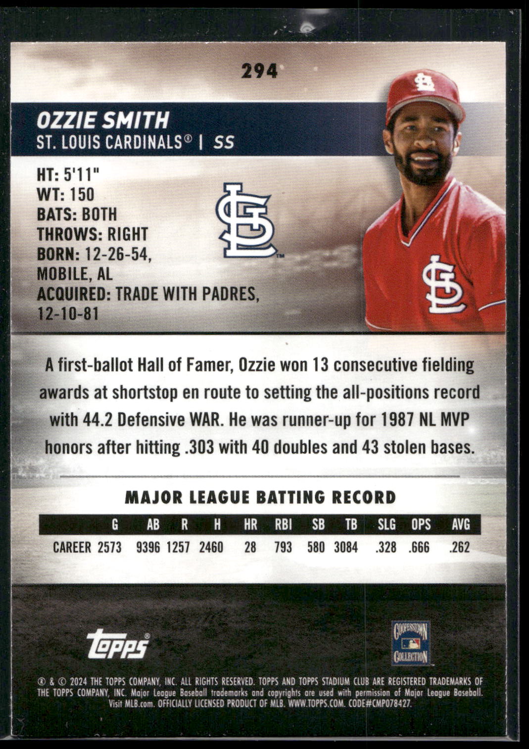 2024 Stadium Club #294 Ozzie Smith Red Foil