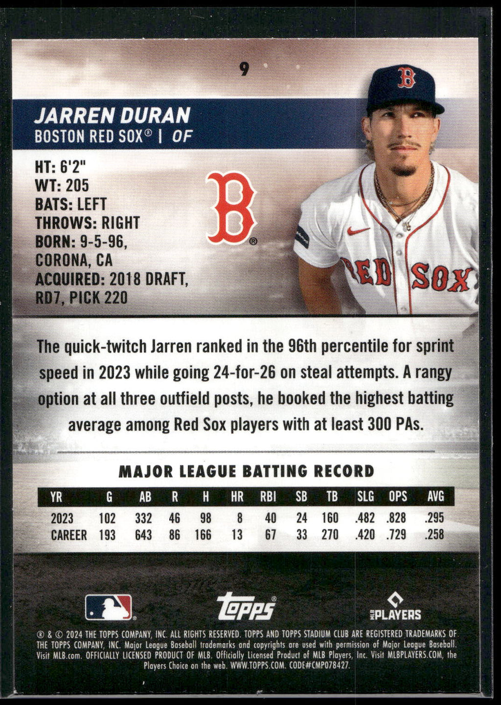 2024 Stadium Club #9 Jarren Duran Red Foil
