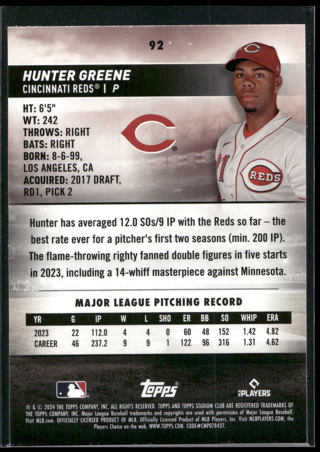 2024 Stadium Club #92 Hunter Greene Red Foil