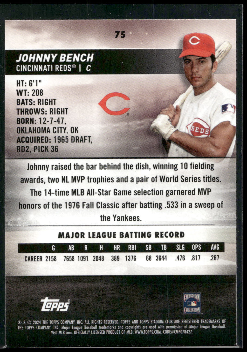 2024 Stadium Club #75 Johnny Bench Red Foil