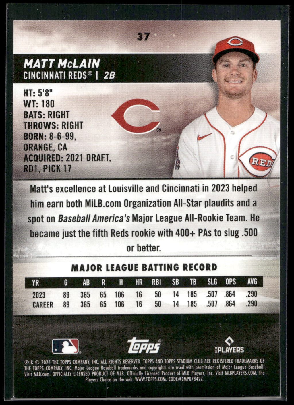 2024 Stadium Club #37 Matt McLain Red Foil