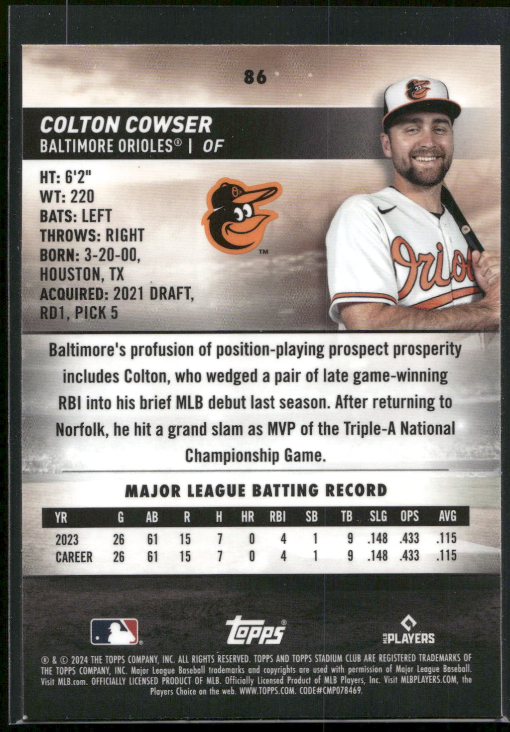 2024 Stadium Club #86 Colton Cowser Chrome