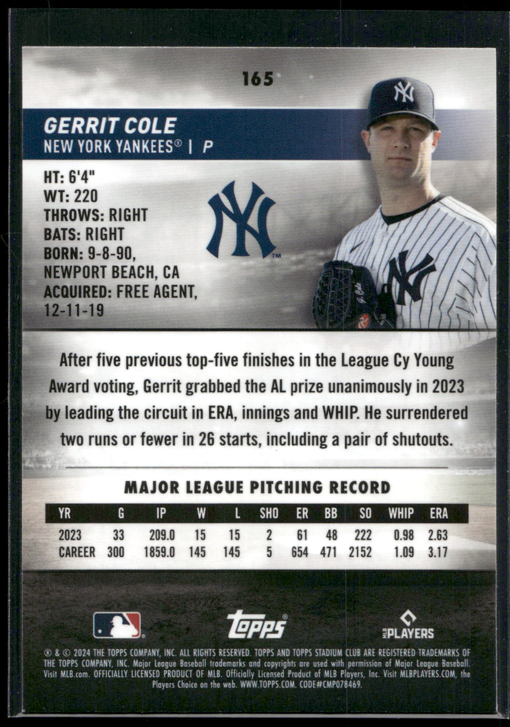 2024 Stadium Club #165 Gerrit Cole Chrome