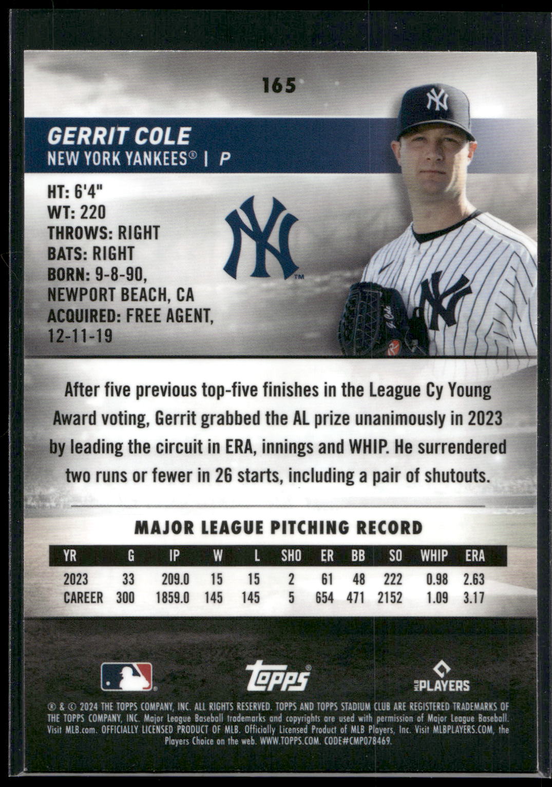 2024 Stadium Club #165 Gerrit Cole Chrome