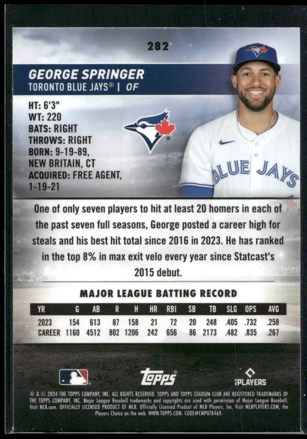 2024 Stadium Club #282 George Springer Chrome