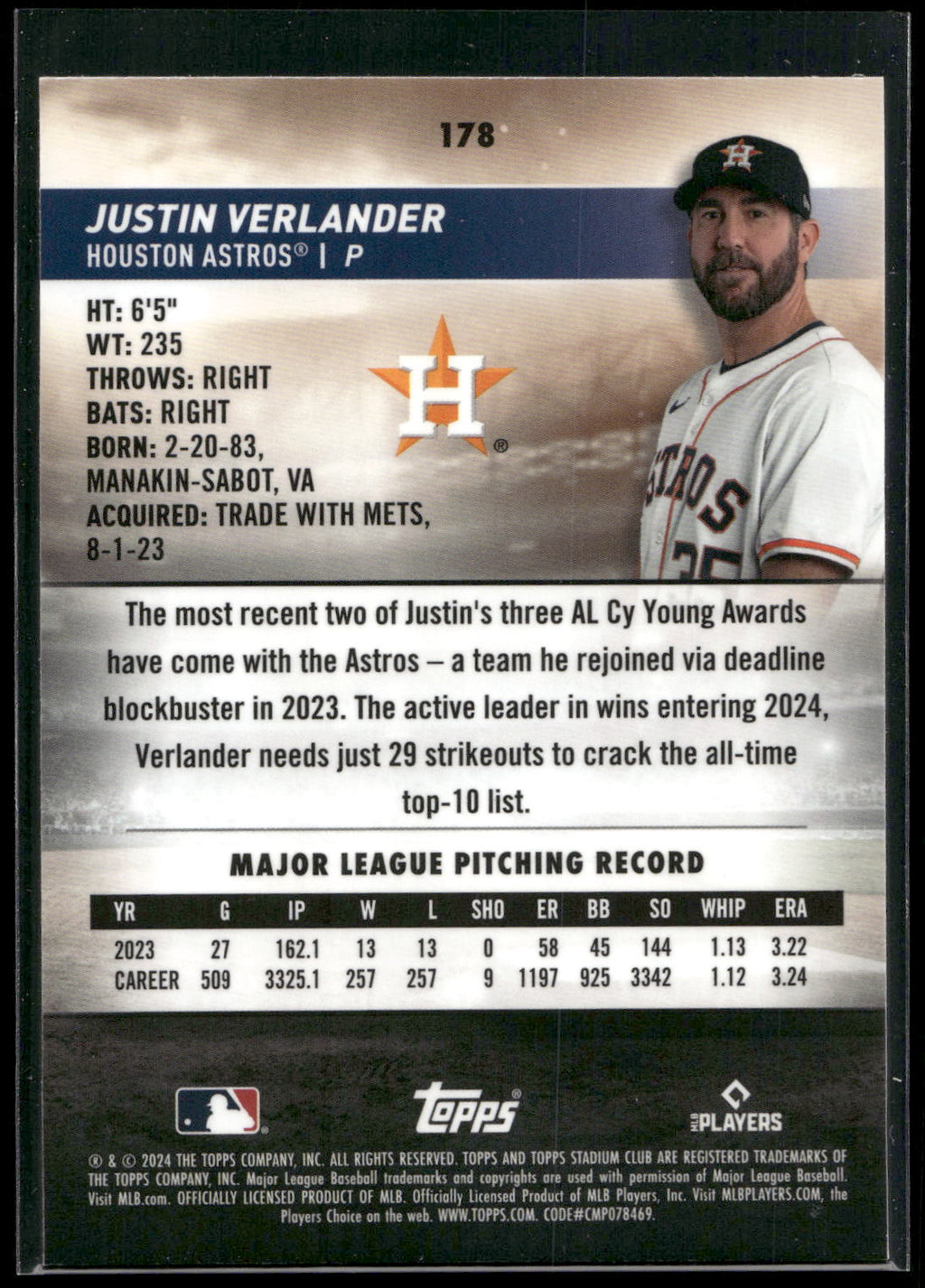 2024 Stadium Club #178 Justin Verlander Chrome