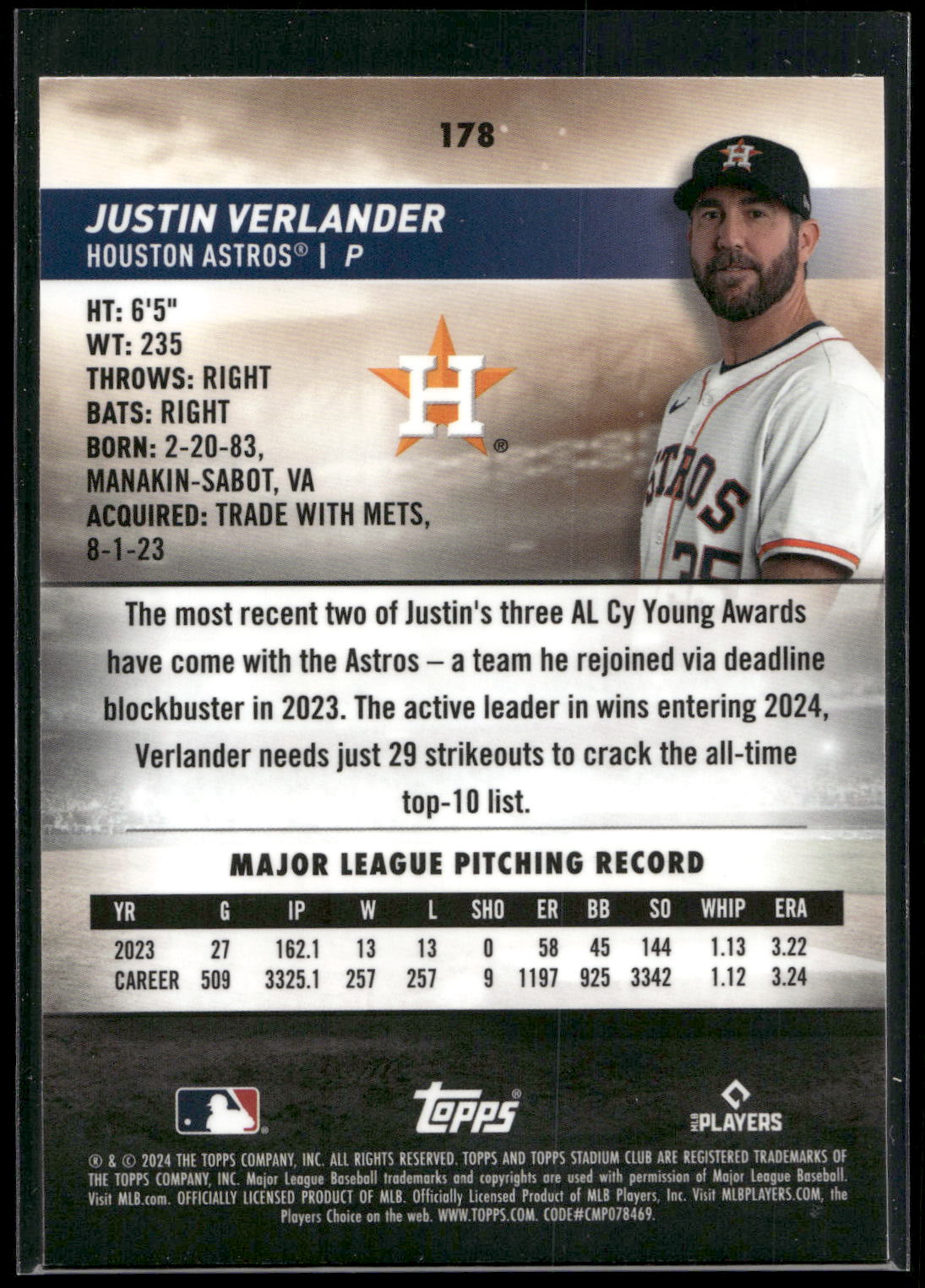 2024 Stadium Club #178 Justin Verlander Chrome
