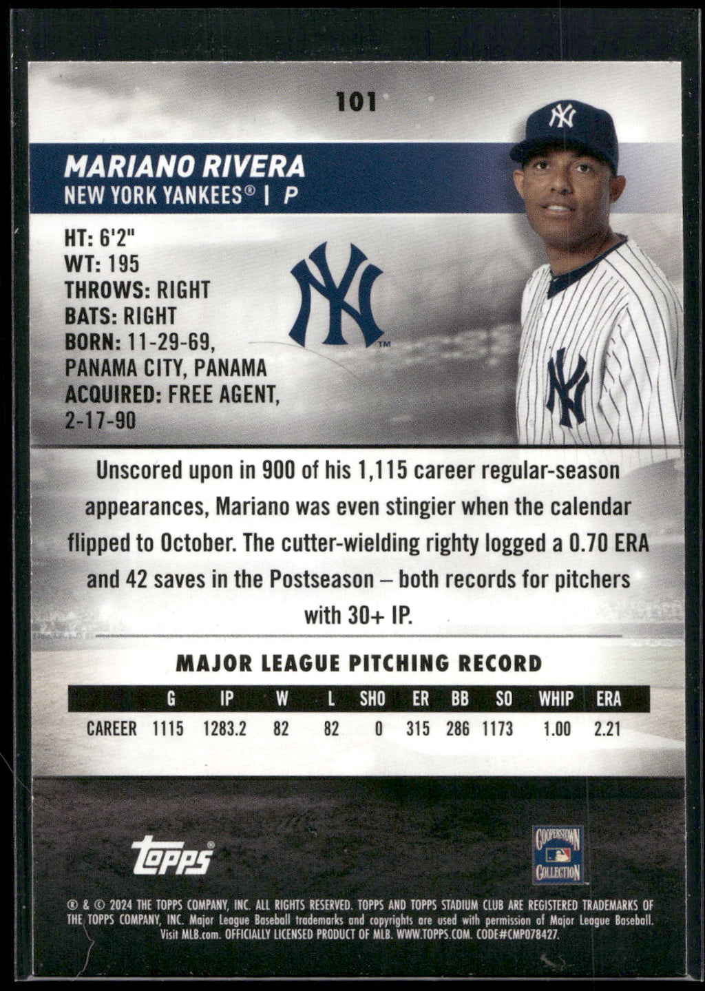 2024 Stadium Club #101 Mariano Rivera Pink Foil