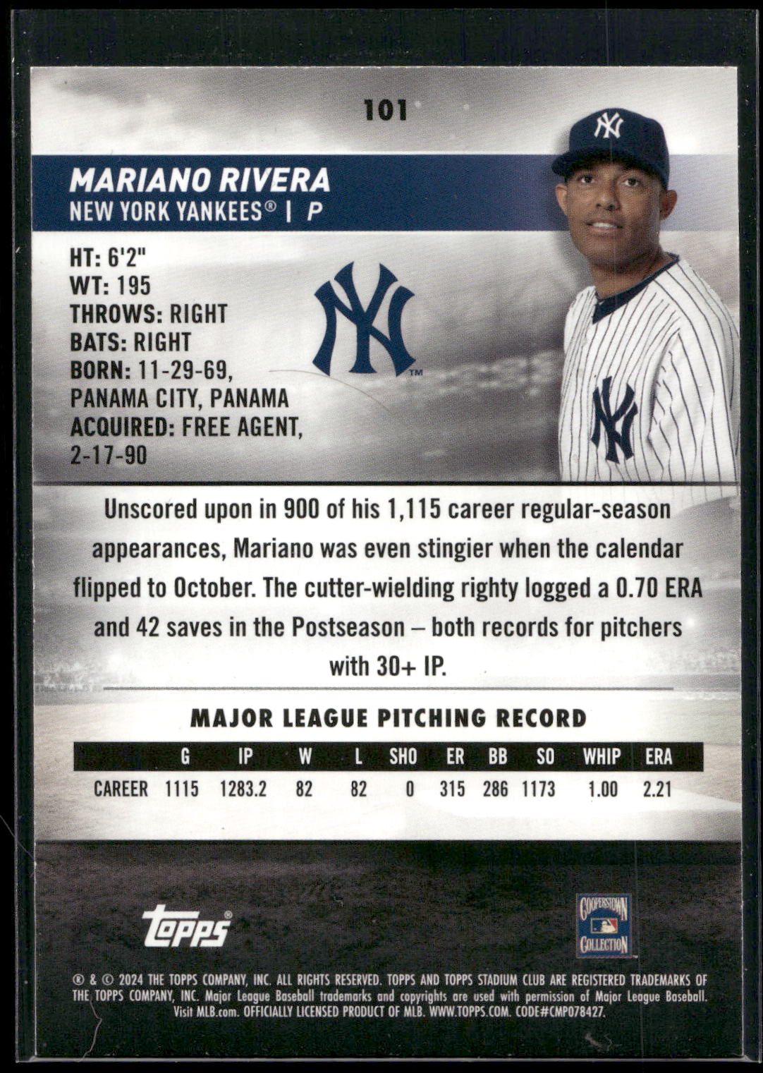 2024 Stadium Club #101 Mariano Rivera Pink Foil