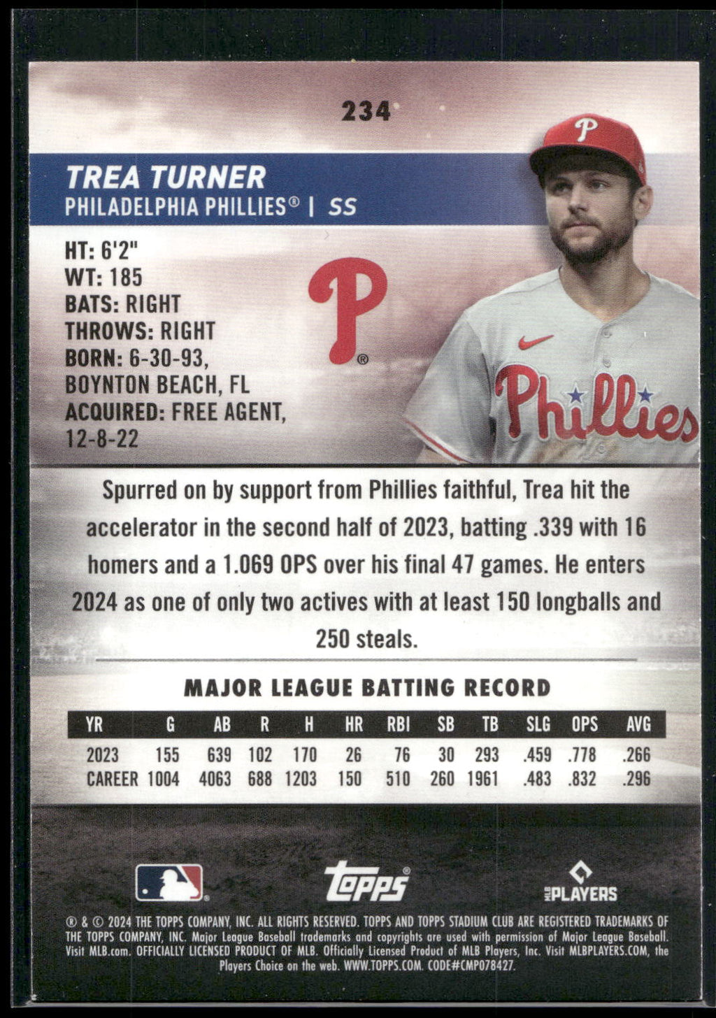 2024 Stadium Club #234 Trea Turner Pink Foil