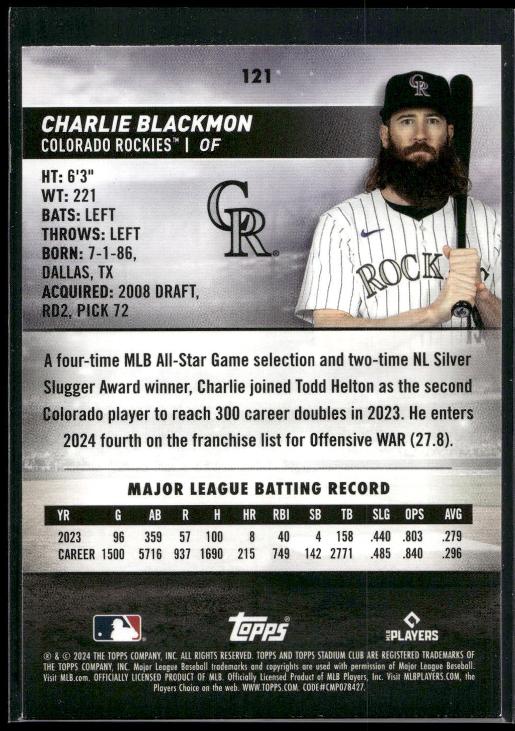 2024 Stadium Club #121 Charlie Blackmon Pink Foil