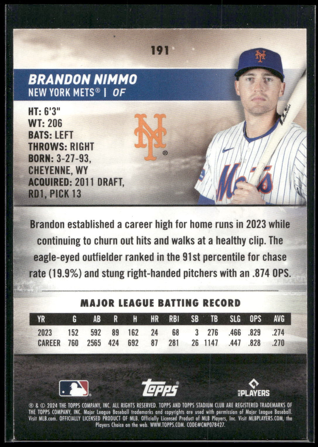 2024 Stadium Club #191 Brandon Nimmo Pink Foil