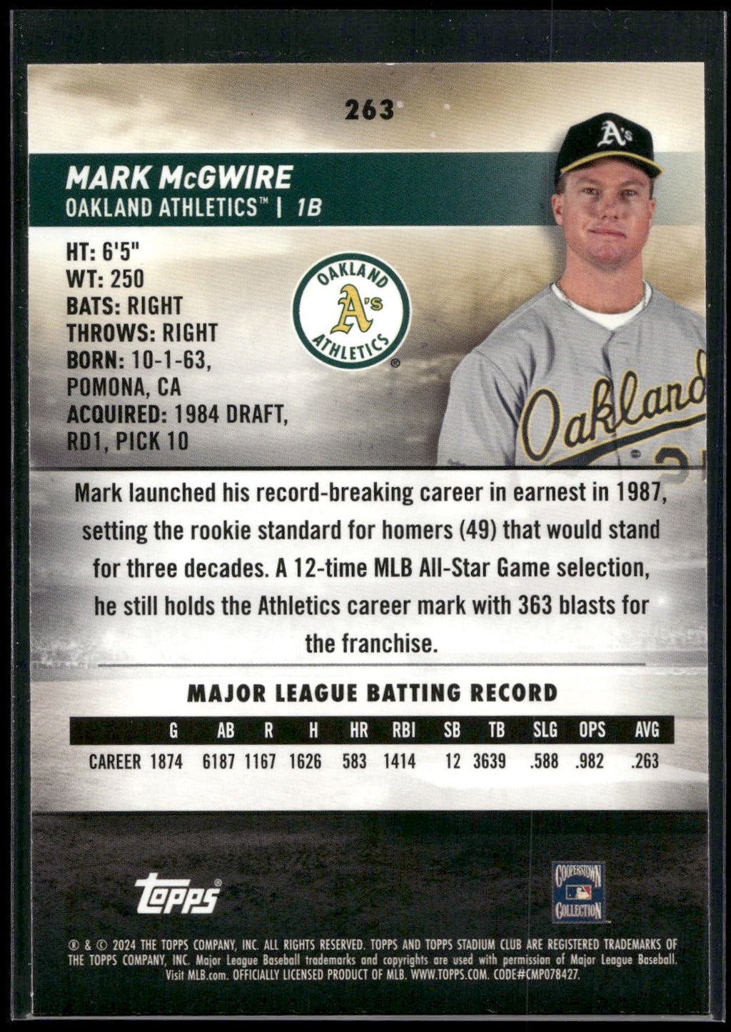 2024 Stadium Club #263 Mark McGwire Pink Foil