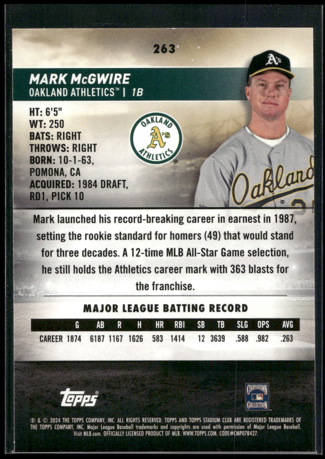 2024 Stadium Club #263 Mark McGwire Pink Foil