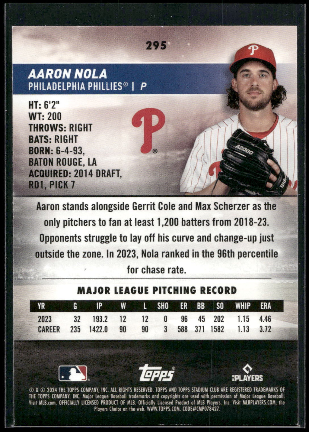 2024 Stadium Club #295 Aaron Nola Pink Foil