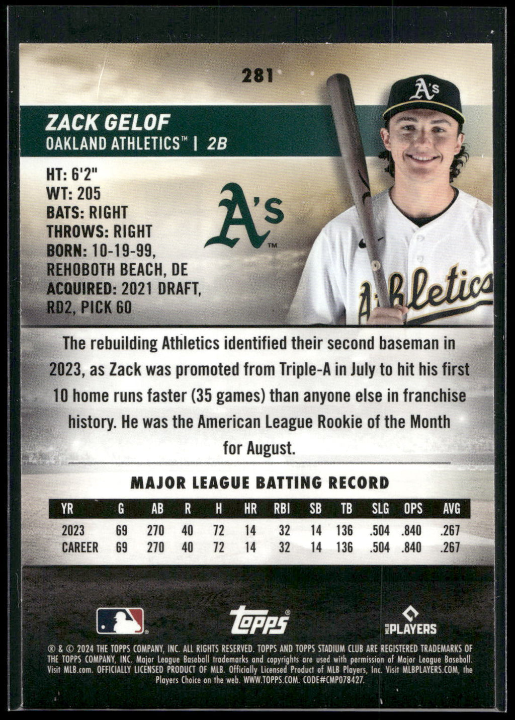 2024 Stadium Club #281 Zack Gelof Pink Foil