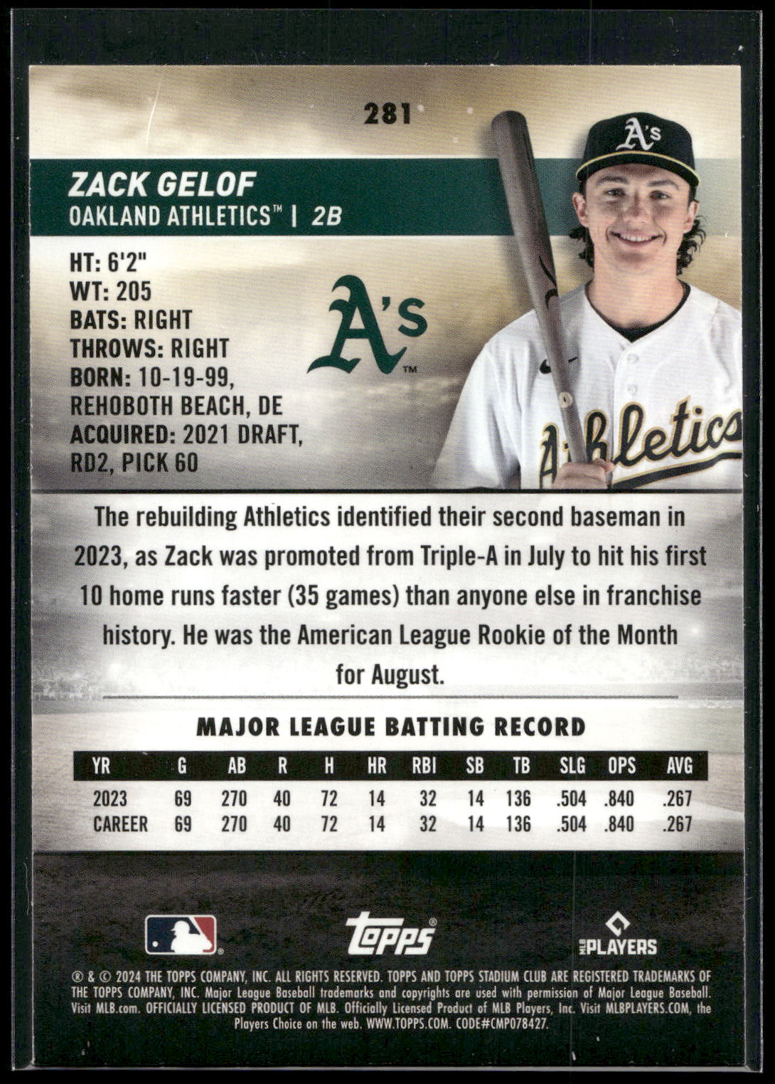 2024 Stadium Club #281 Zack Gelof Pink Foil