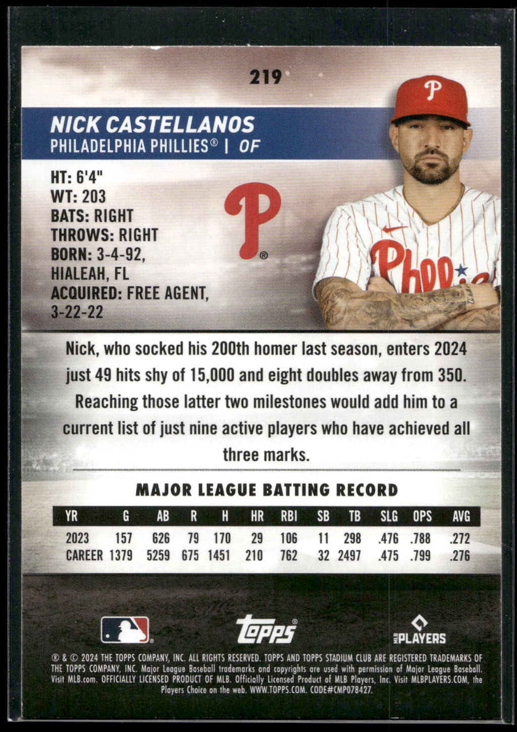 2024 Stadium Club #219 Nick Castellanos Pink Foil