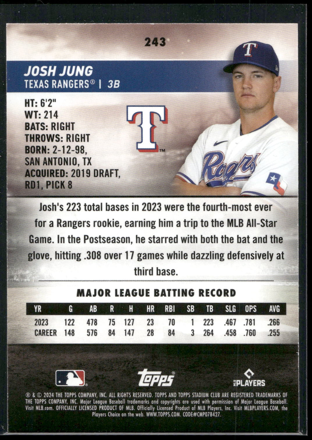 2024 Stadium Club #243 Josh Jung Pink Foil