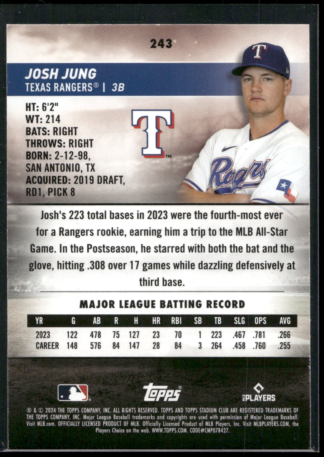 2024 Stadium Club #243 Josh Jung Pink Foil