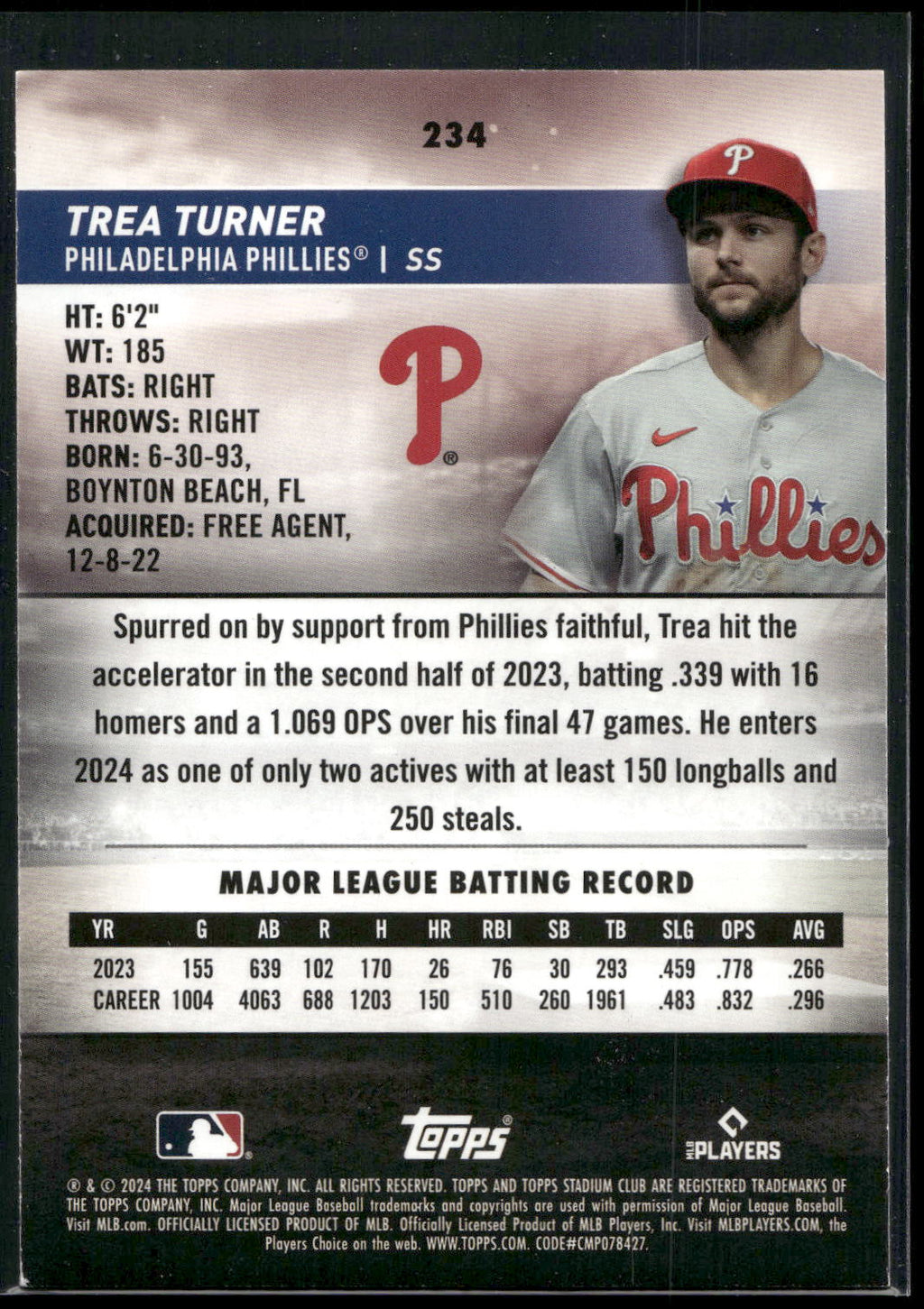 2024 Stadium Club #234 Trea Turner Pink Foil