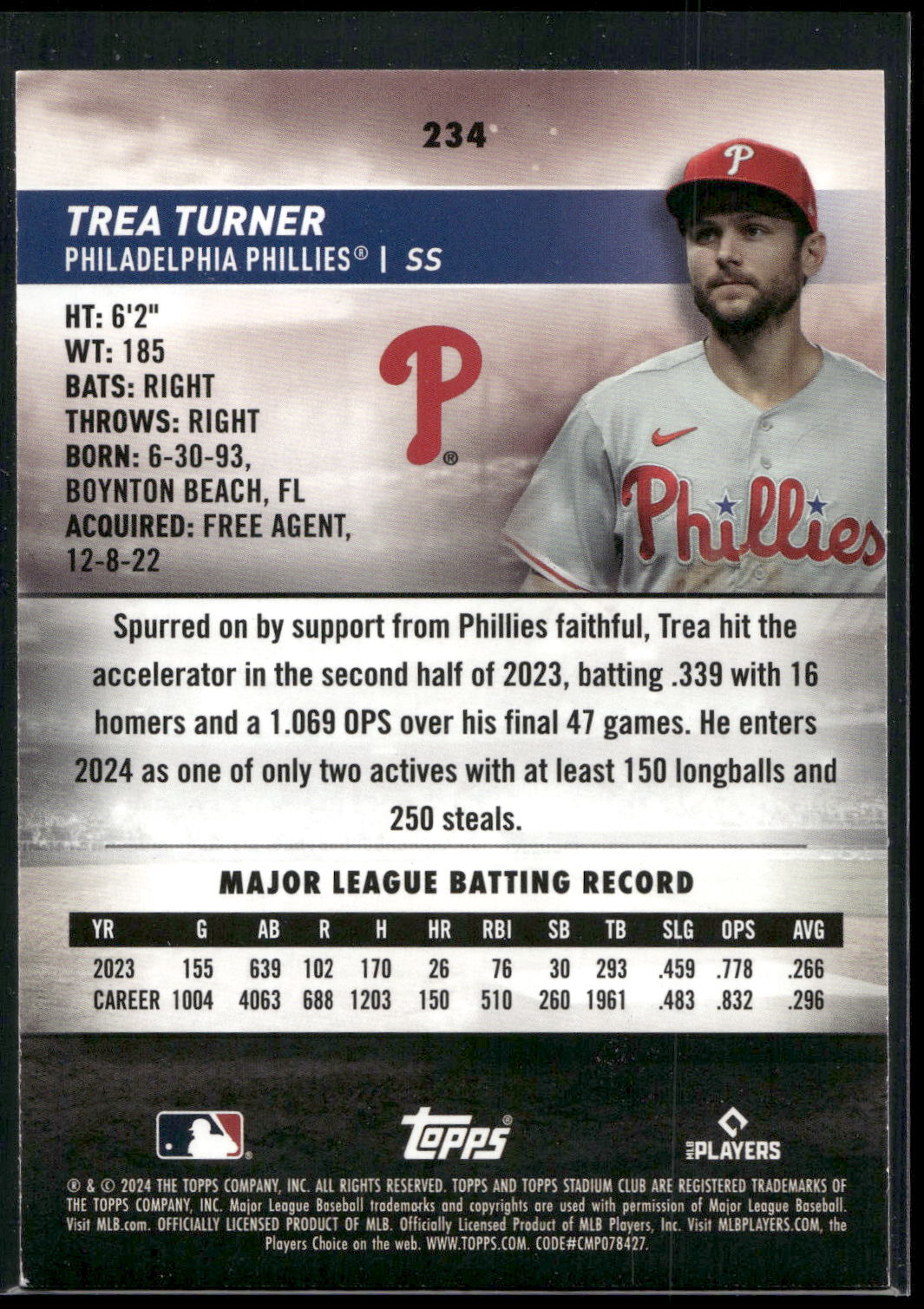 2024 Stadium Club #234 Trea Turner Pink Foil