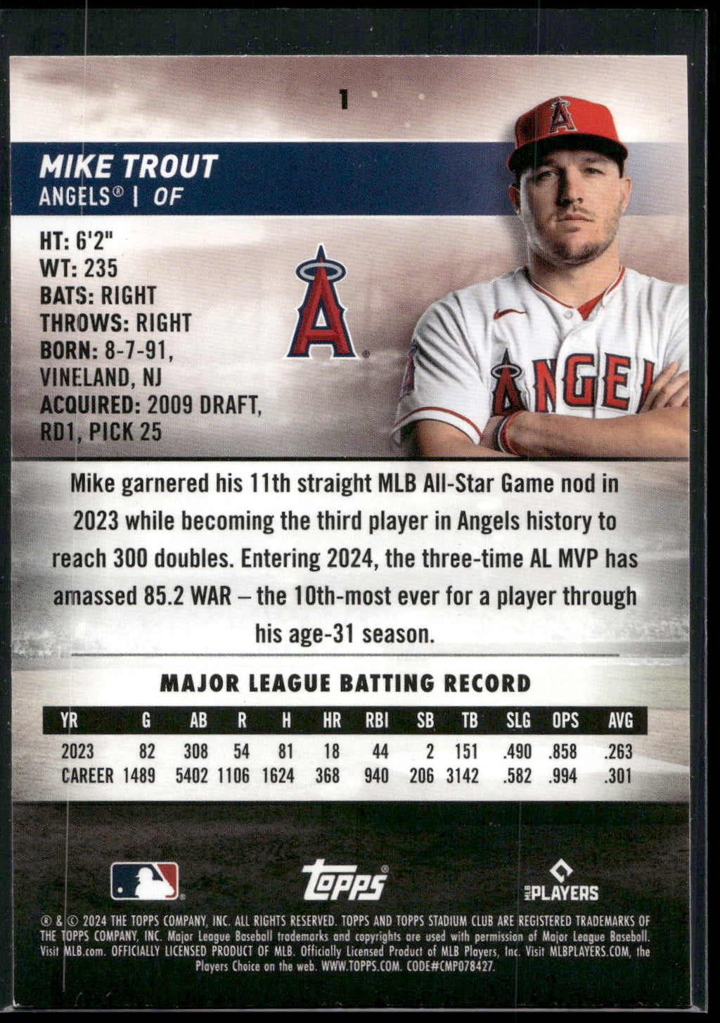 2024 Stadium Club #1 Mike Trout Pink Foil