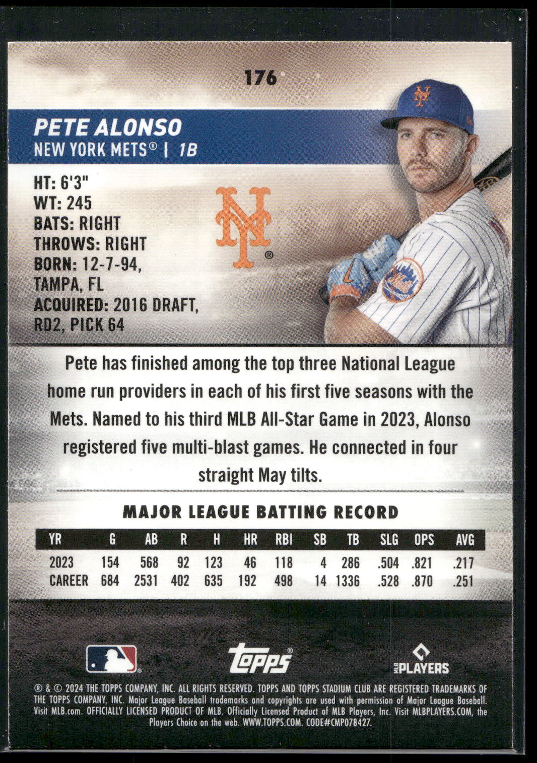 2024 Stadium Club #176 Pete Alonso Pink Foil