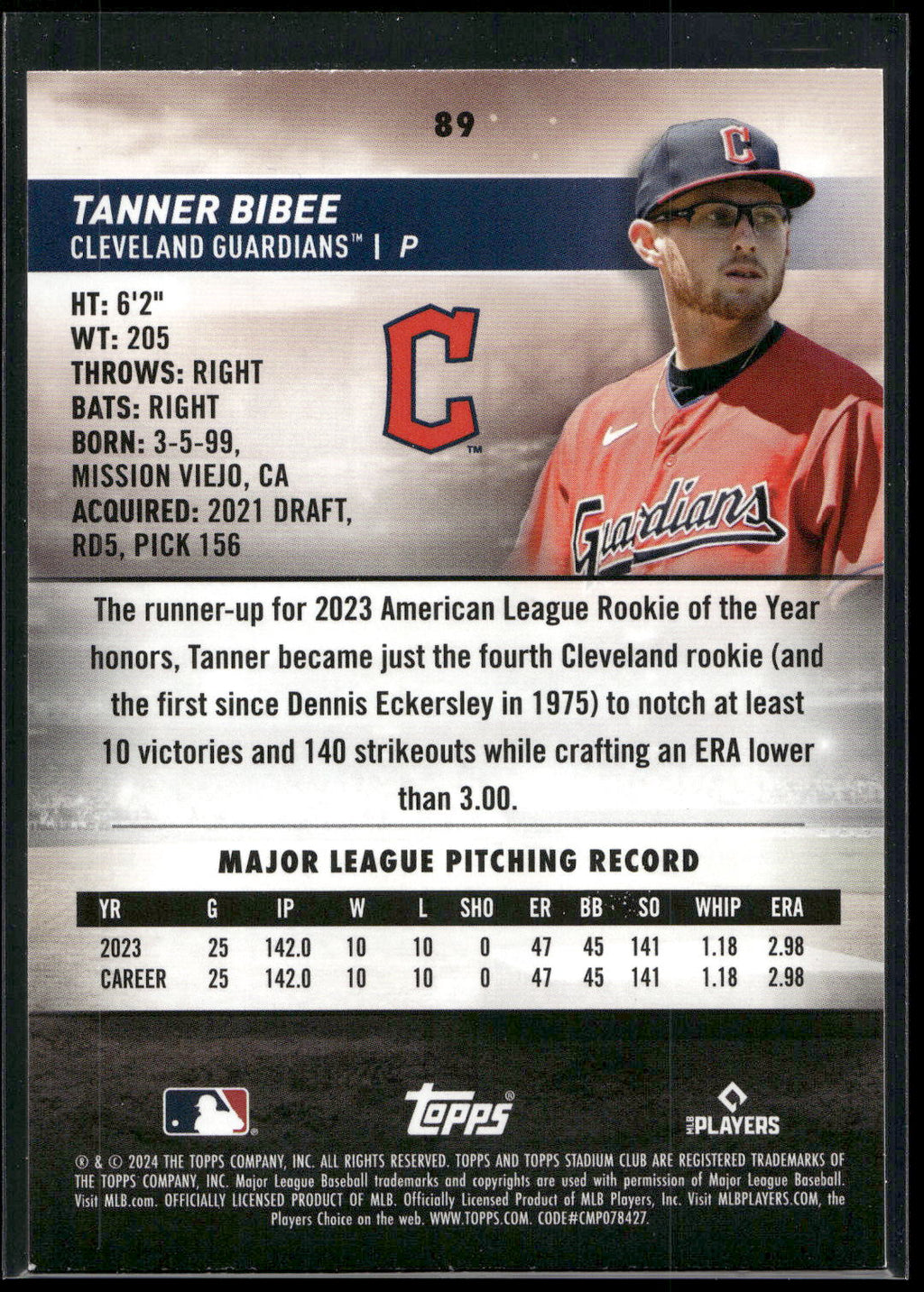 2024 Stadium Club #89 Tanner Bibee Pink Foil
