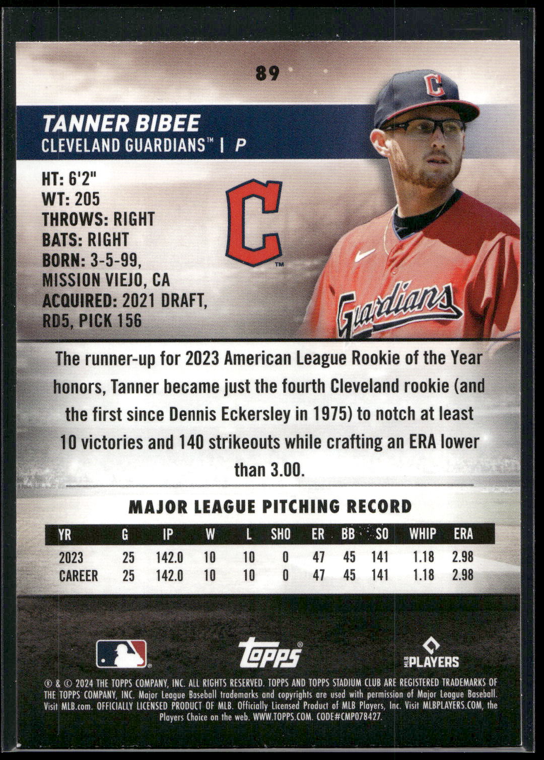 2024 Stadium Club #89 Tanner Bibee Pink Foil