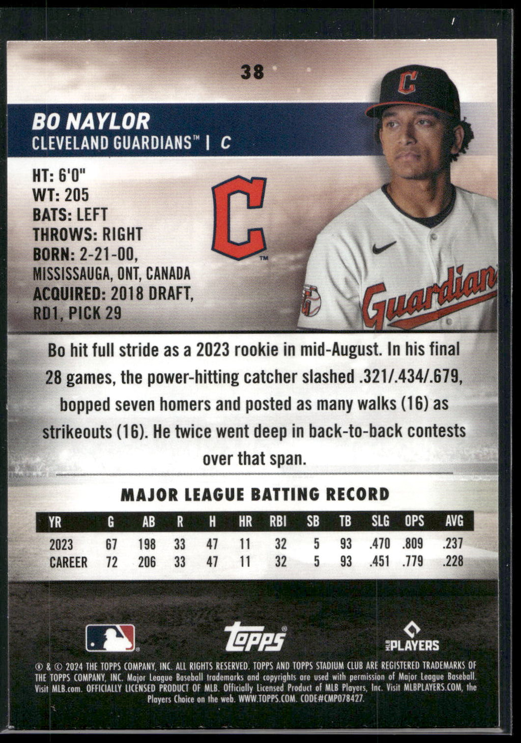 2024 Stadium Club #38 Bo Naylor Pink Foil