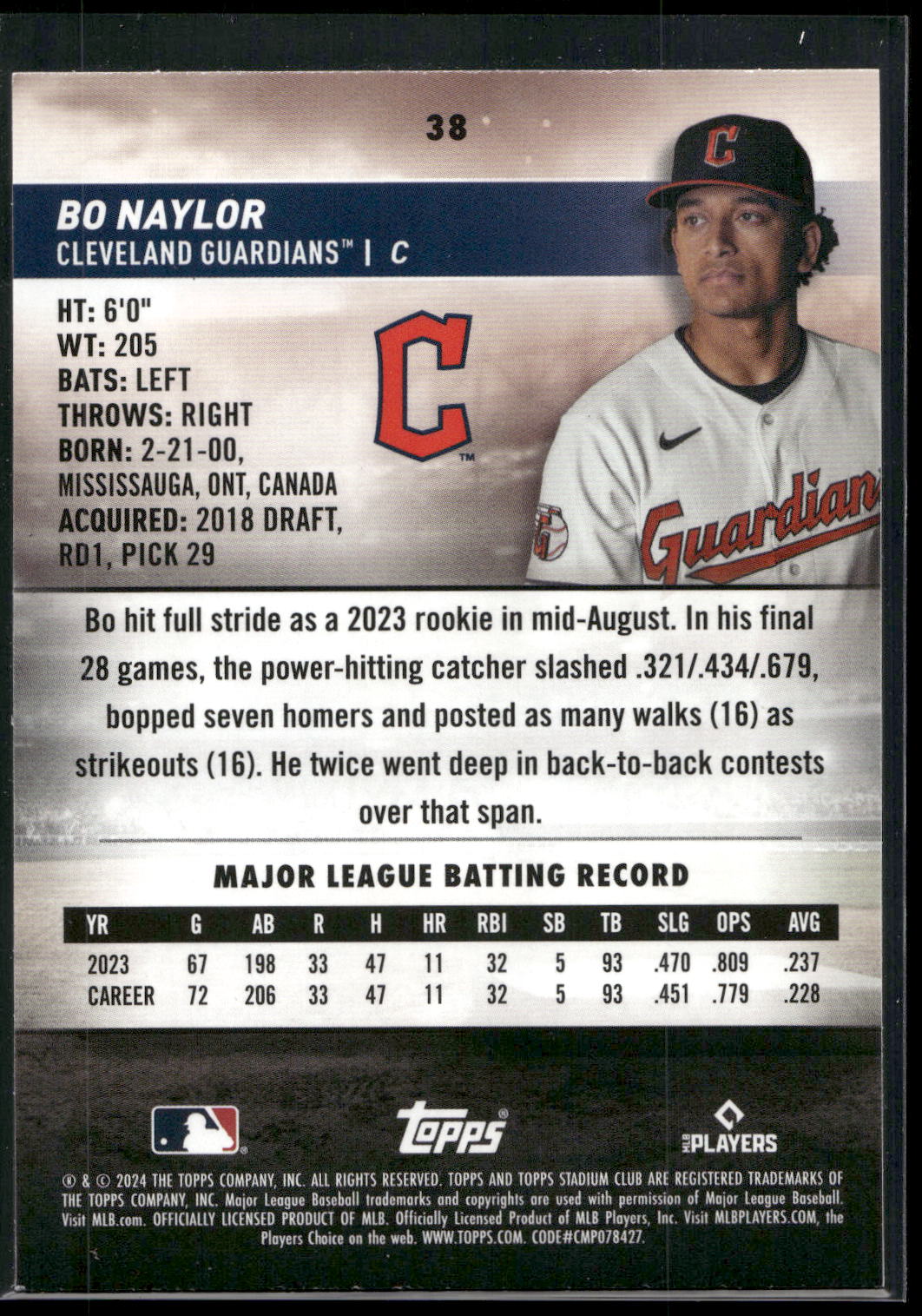 2024 Stadium Club #38 Bo Naylor Pink Foil