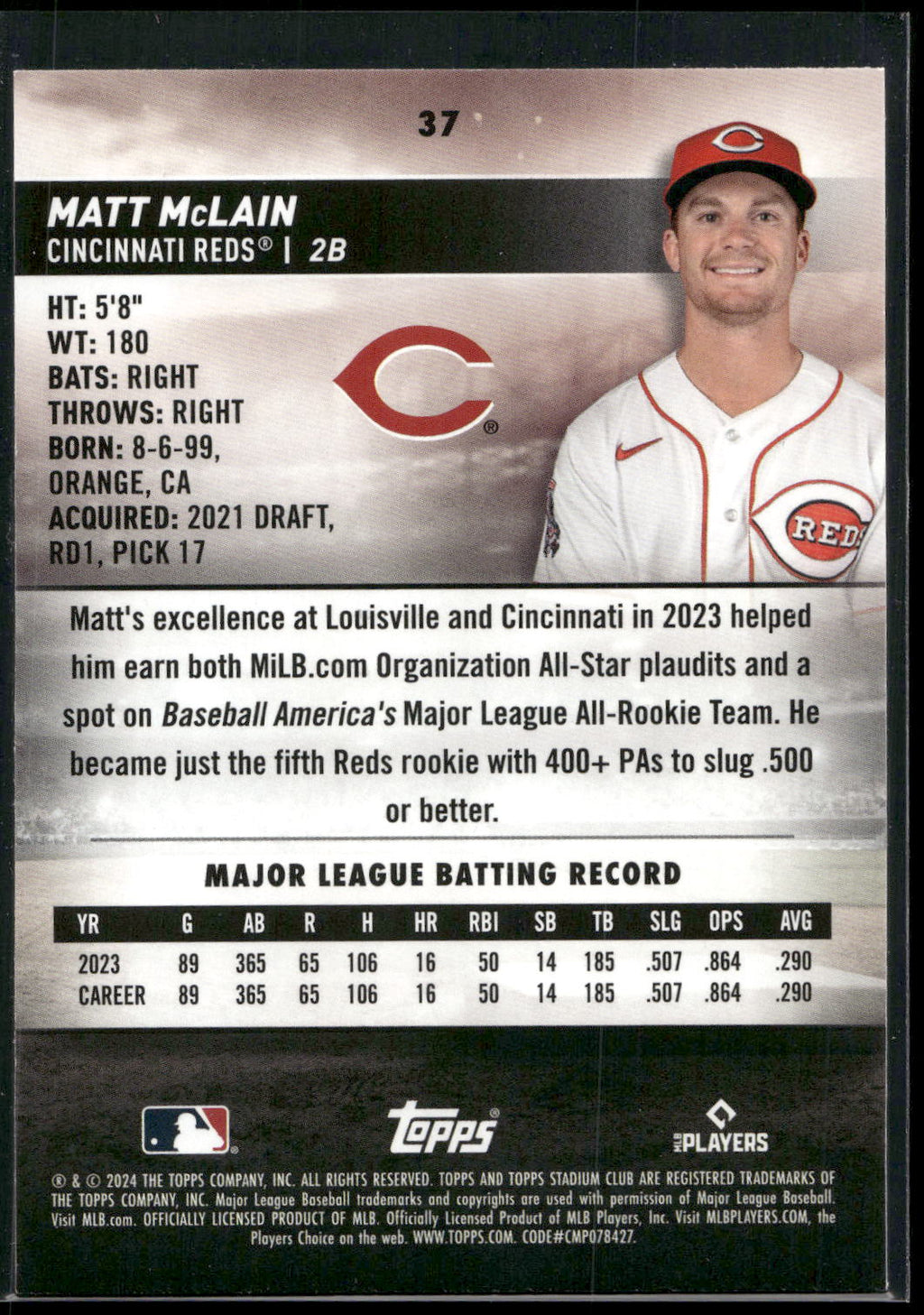 2024 Stadium Club #37 Matt McLain Pink Foil