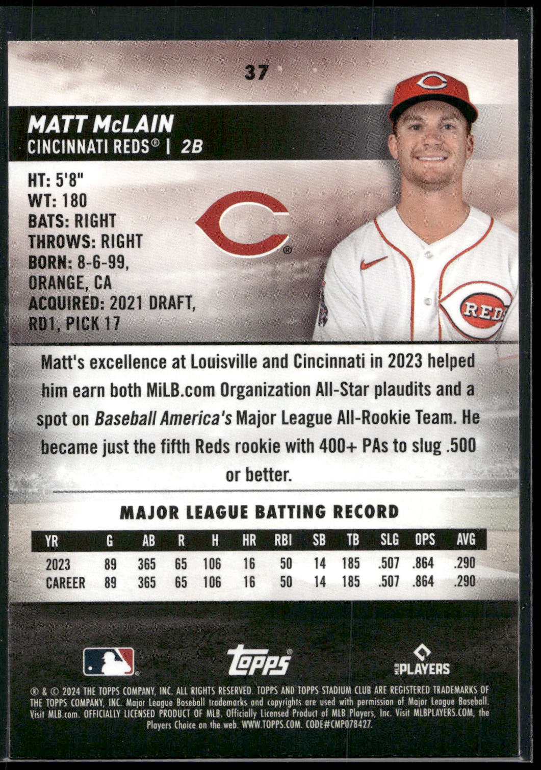 2024 Stadium Club #37 Matt McLain Pink Foil