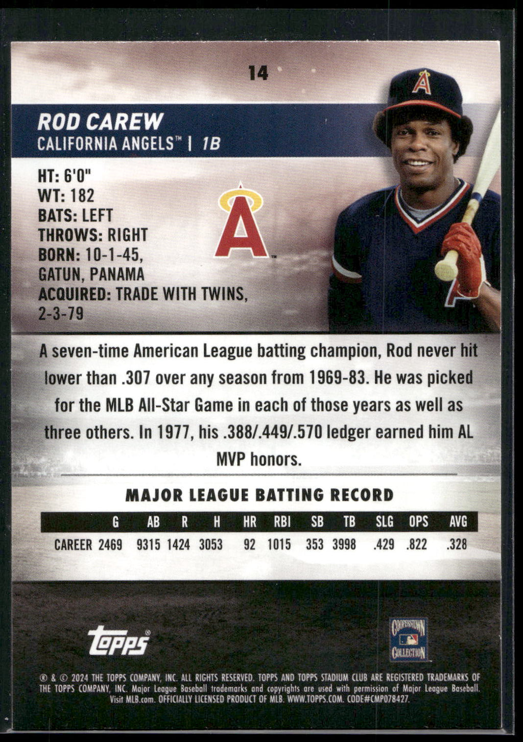 2024 Stadium Club #14 Rod Carew Pink Foil