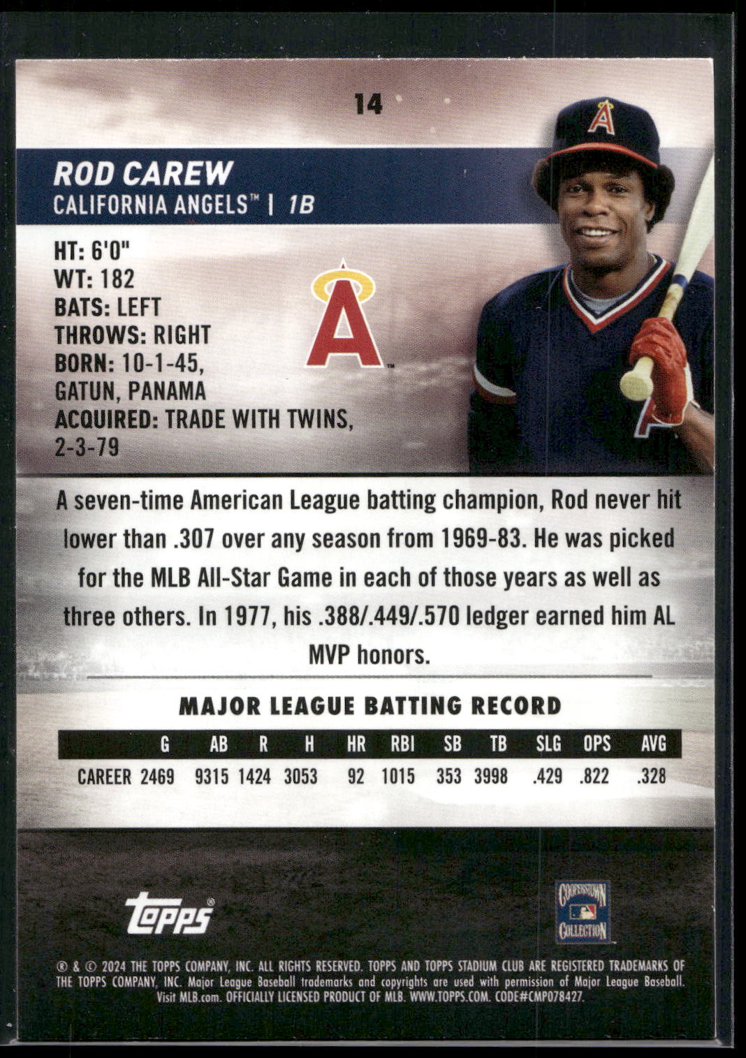 2024 Stadium Club #14 Rod Carew Pink Foil