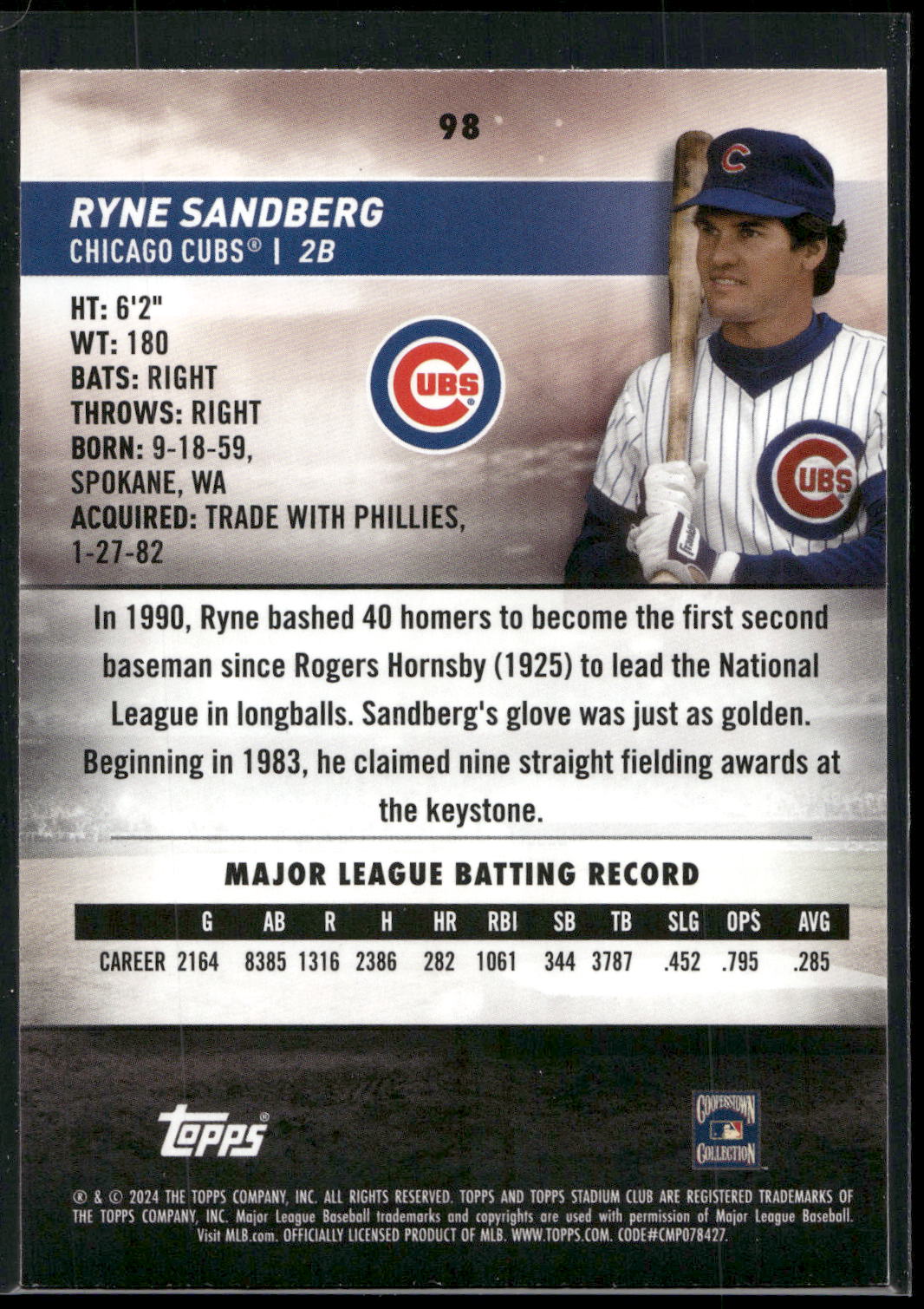 2024 Stadium Club #98 Ryne Sandberg Pink Foil