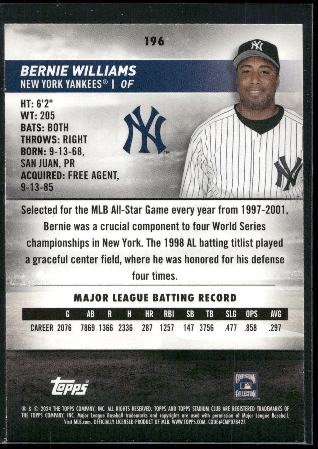 2024 Stadium Club #196 Bernie Williams Pink Foil