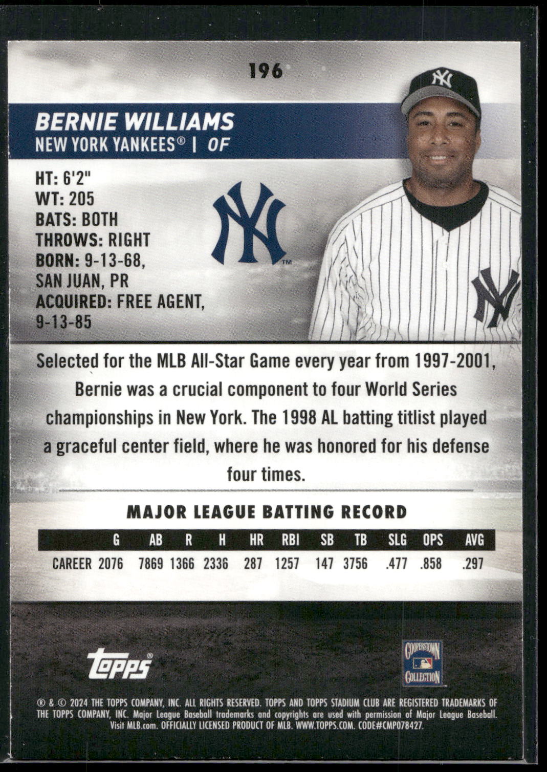 2024 Stadium Club #196 Bernie Williams Pink Foil