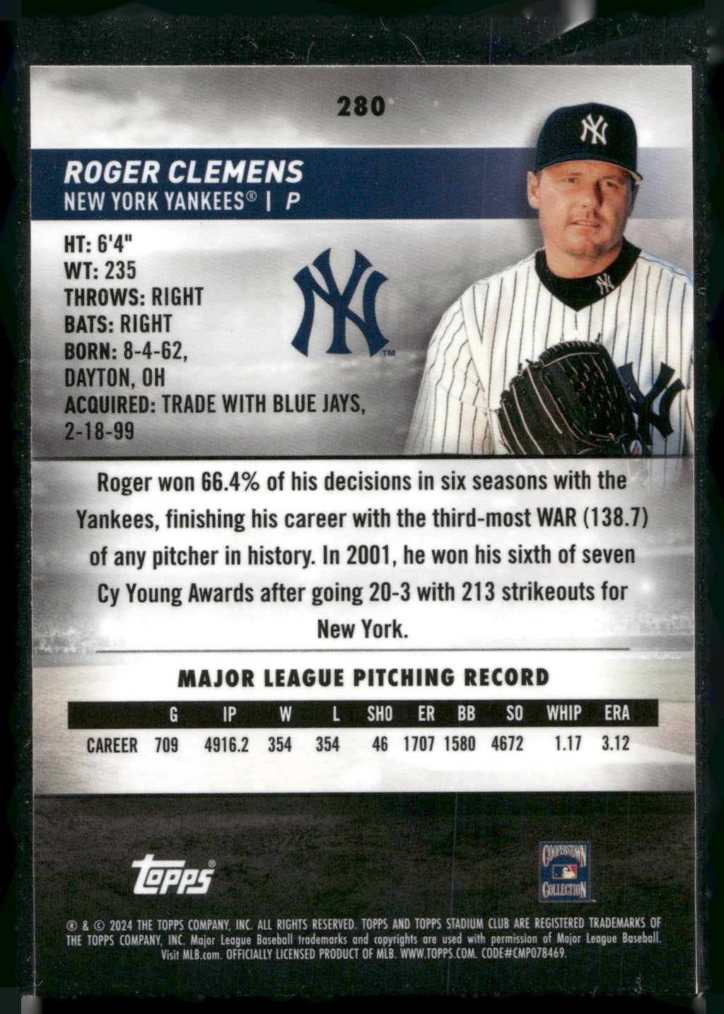 2024 Stadium Club #280 Roger Clemens Chrome