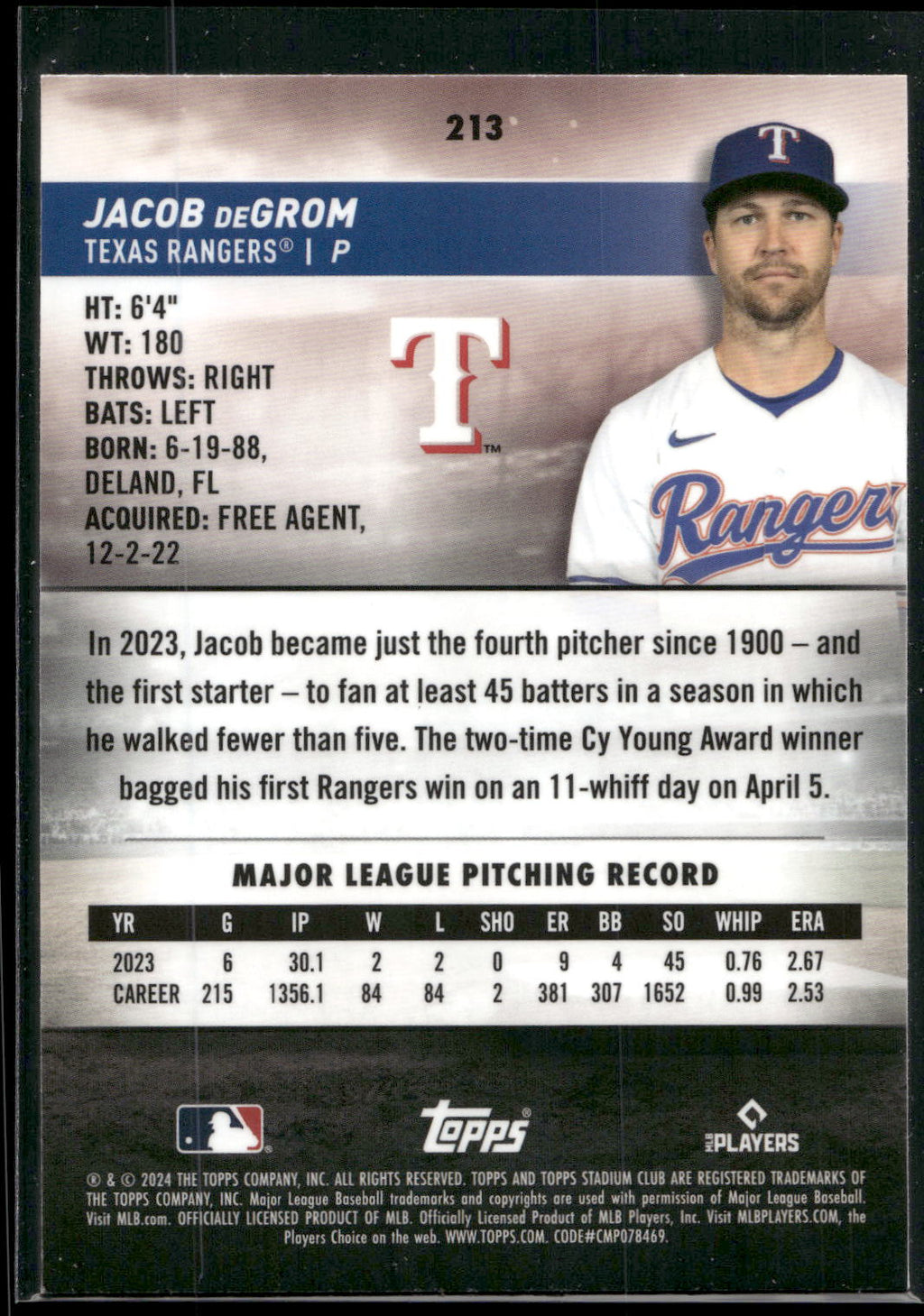 2024 Stadium Club #213 Jacob deGrom Chrome