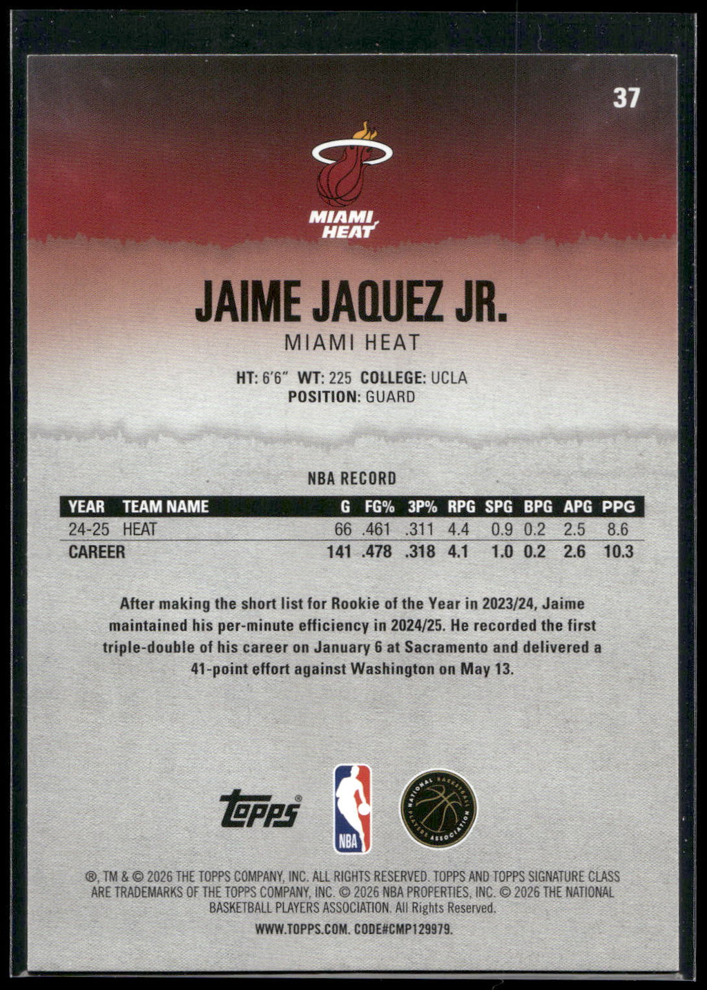 2025-26 Topps Signature Class #37 Jaime Jaquez Jr.
