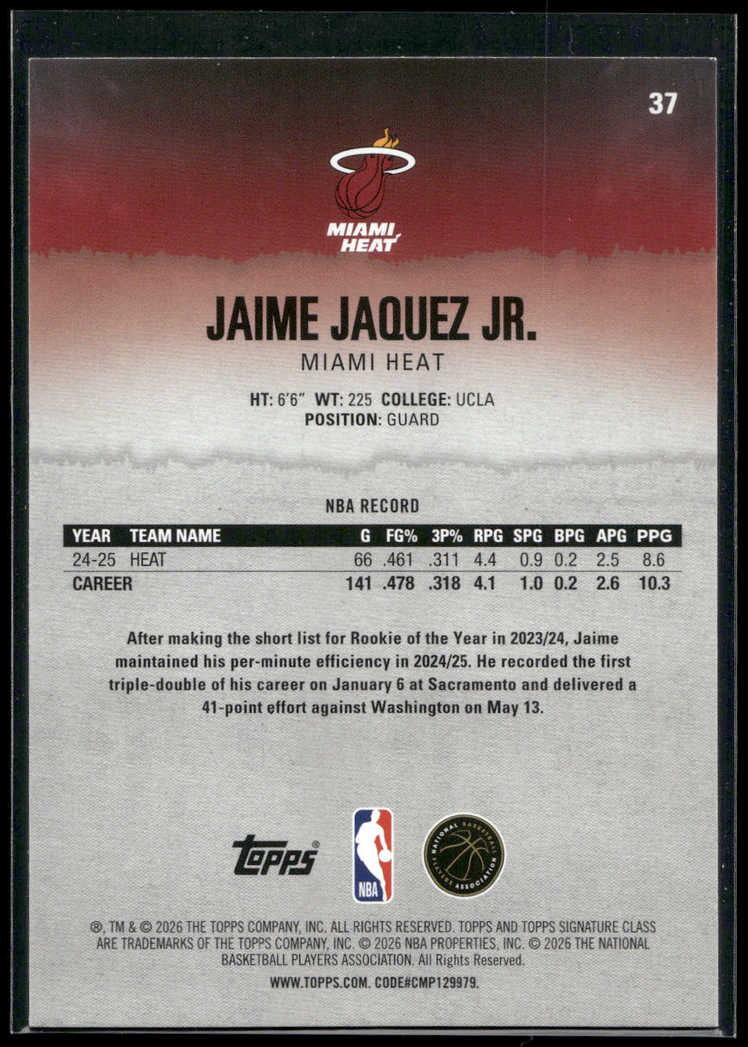 2025-26 Topps Signature Class #37 Jaime Jaquez Jr.