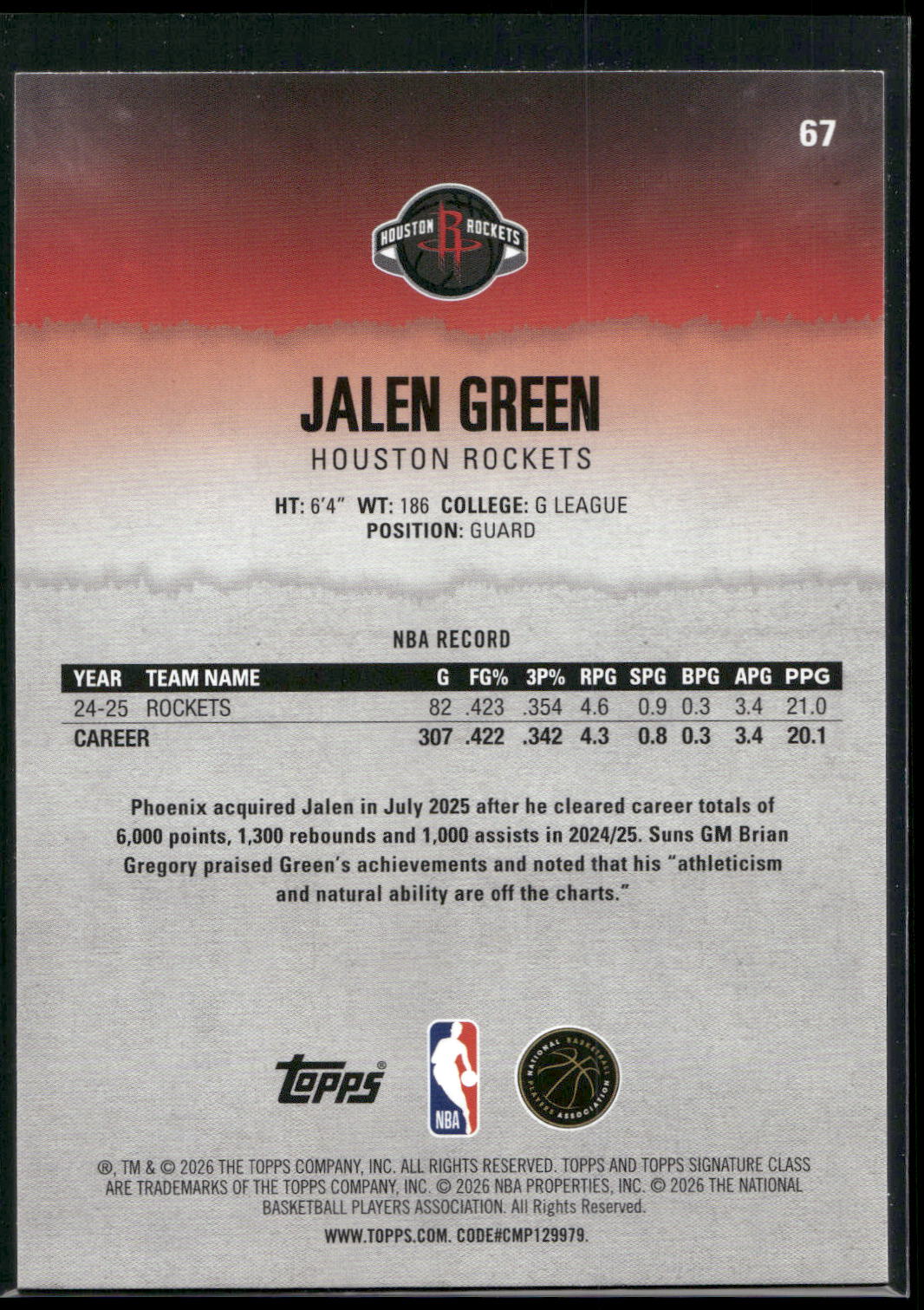2025-26 Topps Signature Class #67 Jalen Green