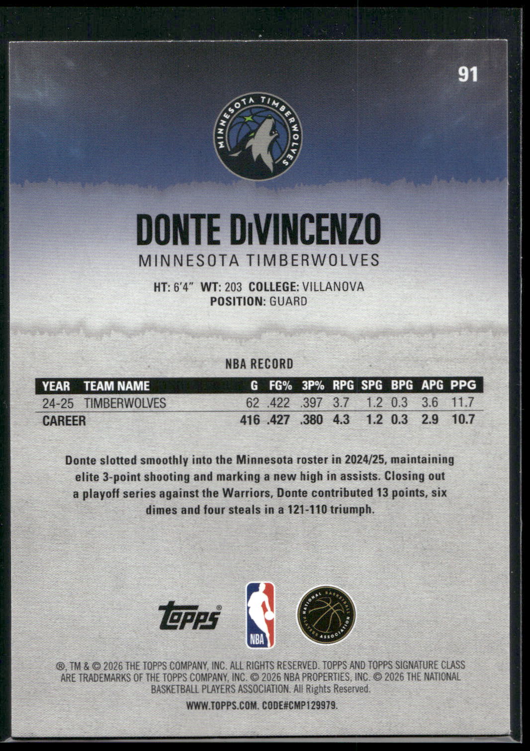 2025-26 Topps Signature Class #91 Donte DiVincenzo