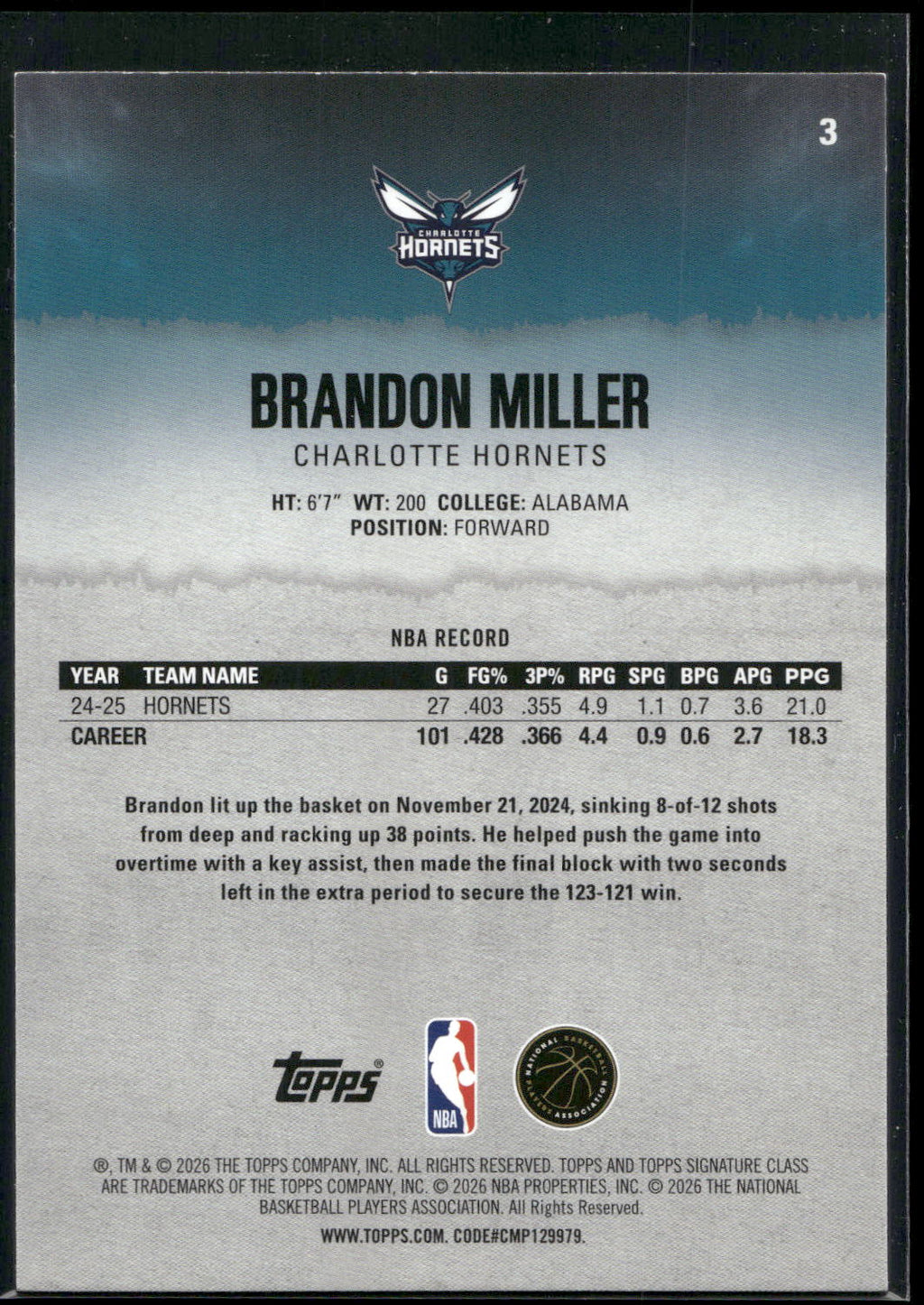 2025-26 Topps Signature Class #3 Brandon Miller