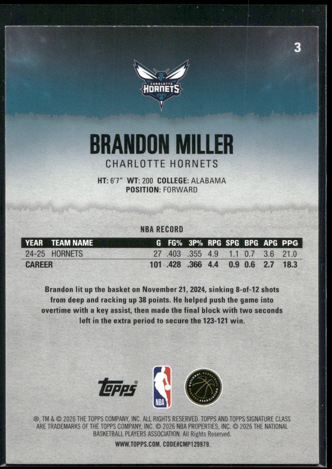 2025-26 Topps Signature Class #3 Brandon Miller