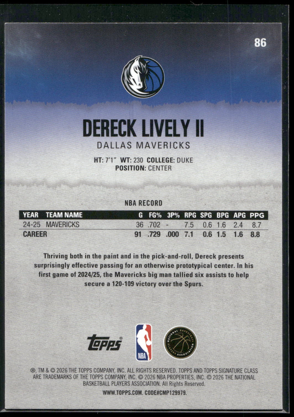 2025-26 Topps Signature Class #86 Dereck Lively II