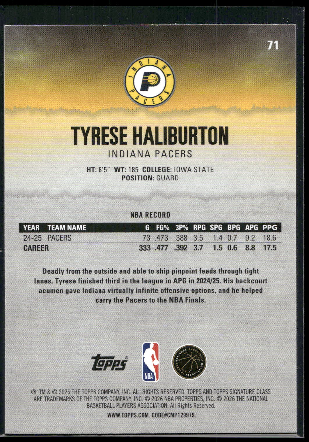 2025-26 Topps Signature Class #71 Tyrese Haliburton
