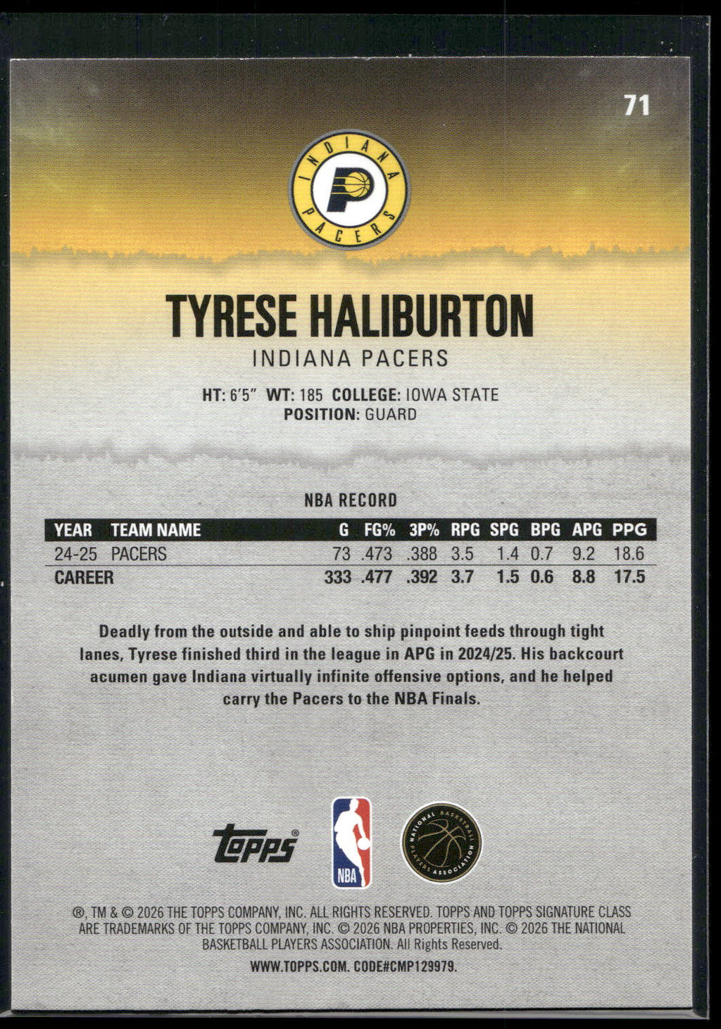 2025-26 Topps Signature Class #71 Tyrese Haliburton